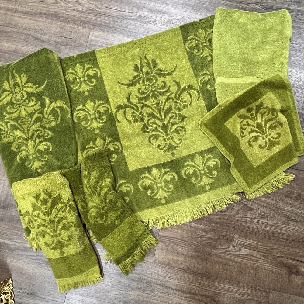 Vtg Fieldcrest Imperial Fleur De Lis Bath Towel Set Avocado Green MCM 6 Pc USA